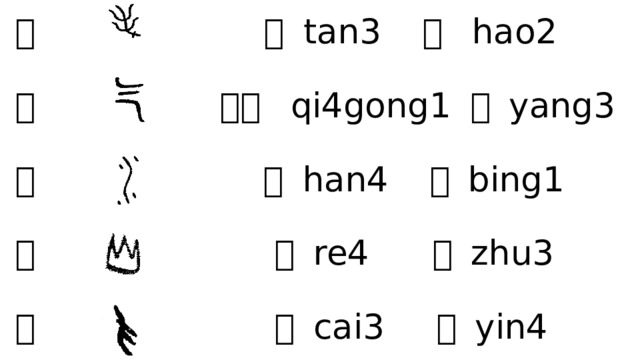 毛 毯 tan3 毫 hao2   气 气功 qi4gong1 氧 yang3   水 汉 han4 冰 bing1   火 热 re4 煮 zhu3   爪 采 cai3 印 yin4  
