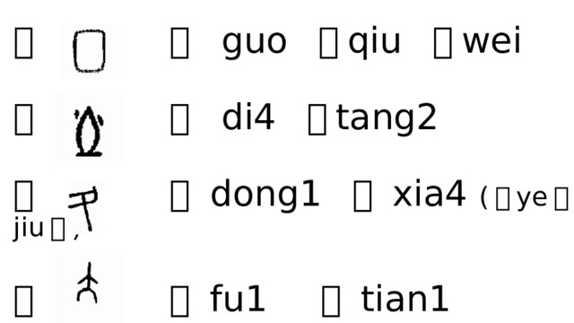 囗 国 guo 囚 qiu 围 wei   土 地 di4 堂 tang2   夂 冬 dong1 夏 xia4 ( 页 ye 臼 jiu 夂 )   大 夫 fu1 天 tian1 