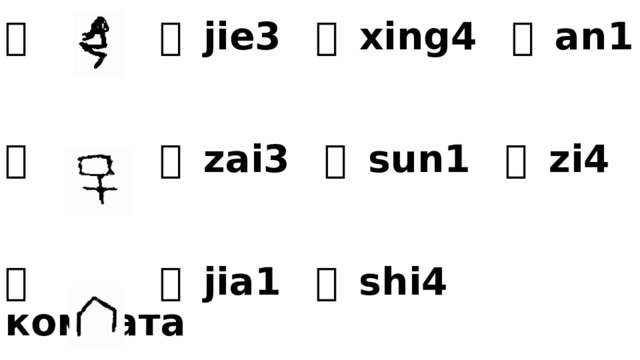 女 姐 jie3 姓 xing4 安 an1    子 仔 zai3 孙 sun1 字 zi4    宀 家 jia1 室 shi4 комната 