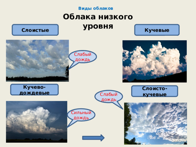 Виды облаков   Облака низкого уровня Слоистые Кучевые Слабый дождь Кучево-дождевые Слоисто-кучевые Слабый дождь Сильный дождь 