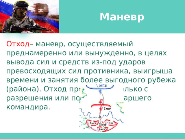 Маневр Отход – маневр, осуществляемый преднамеренно или вынужденно, в целях вывода сил и средств из-под ударов превосходящих сил противника, выигрыша времени и занятия более выгодного рубежа (района). Отход проводится только с разрешения или по приказу старшего командира. 