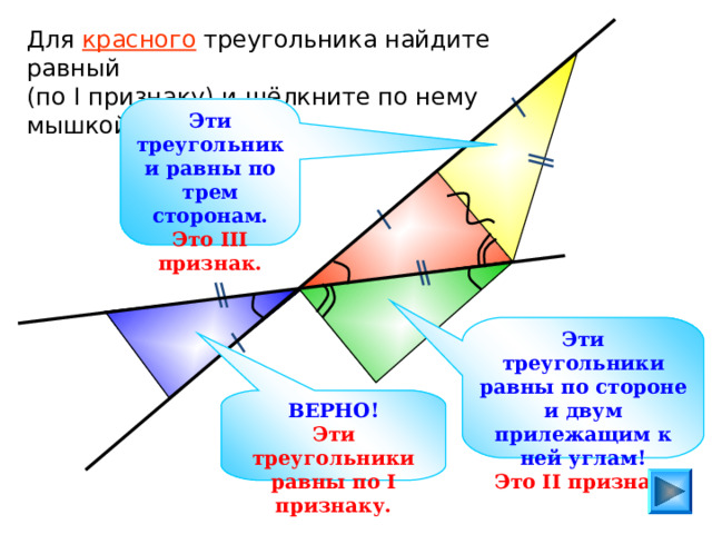 Для красного треугольника найдите равный (по I признаку) и щёлкните по нему мышкой. Эти треугольники равны по трем сторонам. Это III признак.  Эти треугольники равны по стороне и двум прилежащим к ней углам! Это II признак. Гусев В.А., Медяник А.И. «Дидактические материалы по геометрии для 7 класса» ВЕРНО! Эти треугольники равны по I признаку. 
