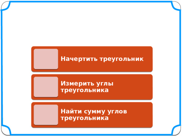 Творческая лаборатория Начертить треугольник Измерить углы треугольника Найти сумму углов треугольника 