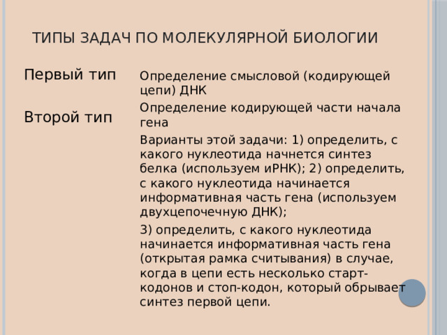 Типы задач по молекулярной биологии Первый тип Второй тип Определение смысловой (кодирующей цепи) ДНК Определение кодирующей части начала гена Варианты этой задачи: 1) определить, с какого нуклеотида начнется синтез белка (используем иРНК); 2) определить, с какого нуклеотида начинается информативная часть гена (используем двухцепочечную ДНК); 3) определить, с какого нуклеотида начинается информативная часть гена (открытая рамка считывания) в случае, когда в цепи есть несколько старт-кодонов и стоп-кодон, который обрывает синтез первой цепи. 