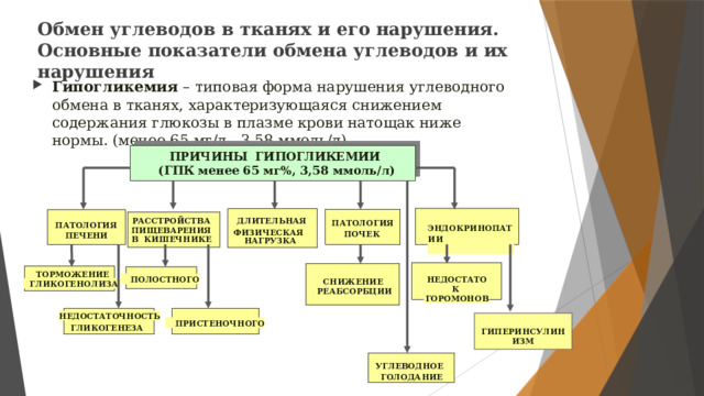 Обмен углеводов в тканях и его нарушения. Основные показатели обмена углеводов и их нарушения Гипогликемия – типовая форма нарушения углеводного обмена в тканях, характеризующаяся снижением содержания глюкозы в плазме крови натощак ниже нормы. (менее 65 мг/л , 3,58 ммоль/л). ПРИЧИНЫ ГИПОГЛИКЕМИИ  (ГПК менее 65 мг%, 3,58 ммоль/л)  ДЛИТЕЛЬНАЯ РАССТРОЙСТВА ПАТОЛОГИЯ ПАТОЛОГИЯ ЭНДОКРИНОПАТИИ  ПИЩЕВАРЕНИЯ ФИЗИЧЕСКАЯ  НАГРУЗКА ПОЧЕК ПЕЧЕНИ В КИШЕЧНИКЕ  ТОРМОЖЕНИЕ  ПОЛОСТНОГО НЕДОСТАТОК ГОРОМОНОВ СНИЖЕНИЕ  ГЛИКОГЕНОЛИЗА РЕАБСОРБЦИИ НЕДОСТАТОЧНОСТЬ  ПРИСТЕНОЧНОГО ГЛИКОГЕНЕЗА ГИПЕРИНСУЛИНИЗМ УГЛЕВОДНОЕ ГОЛОДАНИЕ 