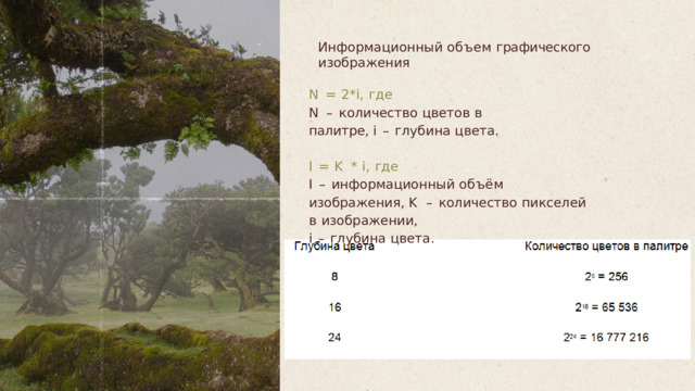 Информационный  объем  графического  изображения N  =  2*i,  где N  –  количество  цветов  в  палитре , i  –  глубина  цвета . I  =  K  *  i,  где I  –  информационный  объём  изображения , K  –  количество  пикселей  в  изображении , i  –  глубина  цвета . 
