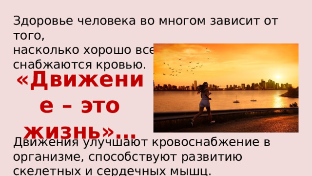 Здоровье человека во многом зависит от того, насколько хорошо все органы тела снабжаются кровью. «Движение – это жизнь»… Движения улучшают кровоснабжение в организме, способствуют развитию скелетных и сердечных мышц. 