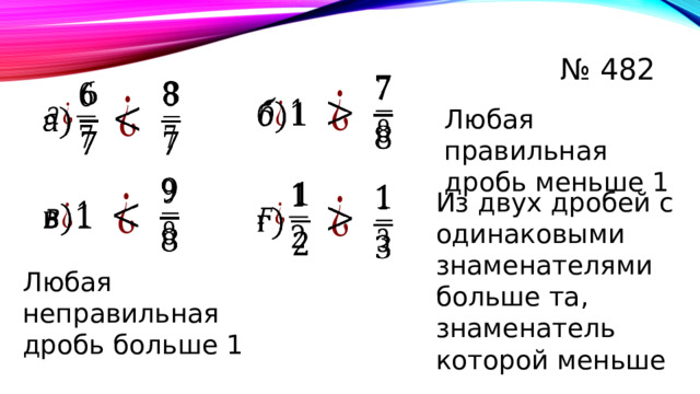 № 482             Любая правильная дробь меньше 1       Из двух дробей с одинаковыми знаменателями больше та, знаменатель которой меньше       Любая неправильная дробь больше 1 