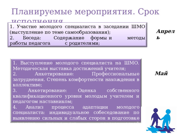 Планируемые мероприятия . Срок исполнения  1. Участие молодого специалиста в заседании ШМО (выступление по теме самообразования); 2. Беседа:  Содержание  формы  и  методы  работы  педагога  с родителями; А прель 1. Выступление молодого специалиста на ШМО. Методическая выставка достижений учителя; 2. Анкетирование: Профессиональные затруднения. Степень комфортности нахождения в коллективе; 3. Анкетирование: Оценка собственного квалификационного уровня молодым учителем и педагогом наставником; 4. Анализ процесса адаптации молодого специалиста: индивидуальное собеседование по выявлению сильных и слабых сторон в подготовке молодого специалиста к педагогической деятельности, выявление склонностей и личных интересов . Май 