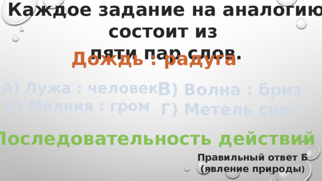 Каждое задание на аналогию состоит из пяти пар слов. Дождь : радуга В ) Волна : бриз Г) Метель снег А) Лужа : человек Б) Молния : гром Последовательность действий Правильный ответ Б (явление природы ) 