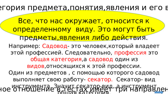 Категория предмета,понятия,явления и его виды . Все, что нас окружает, относится к определенному виду. Это могут быть предметы,явления либо действия. Например: Садовод - это человек,который владеет этой профессией. Следовательно, профессия это общая категория ,а садовод один из видов ,относящихся к этой профессии. Один из предметов , с помощью которого садовод выполняет свою работу- секатор. Секатор- вид инструмента. Значит секатор-вид, а инструмент общая категория. Данное отношение в тестах имеет три направления : 