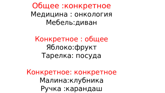 Общее :конкретное Медицина : онкология Мебель:диван Конкретное : общее Яблоко:фрукт Тарелка: посуда Конкретное: конкретное Малина:клубника Ручка :карандаш 