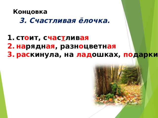 Концовка  3. Счастливая ёлочка. ст о ит, с ча с т лив ая на рядн ая , разн о цветн ая рас кинула, на лад ошках, по дарки 