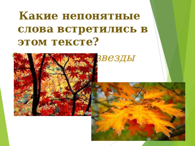  Какие непонятные слова встретились в этом тексте? Клен роняет звезды 