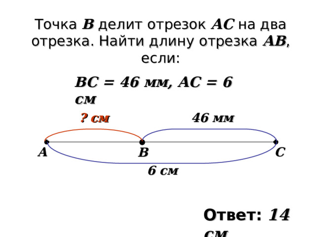 Точка B делит отрезок  АС на два отрезка. Найти длину отрезка АВ , если: ВС = 46 мм, АС = 6 см 46 мм ? см А С В 6 см Ответ:  14 см 