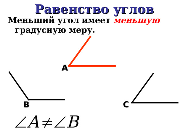 Равенство углов Меньший угол имеет меньшую градусную меру. А В C 