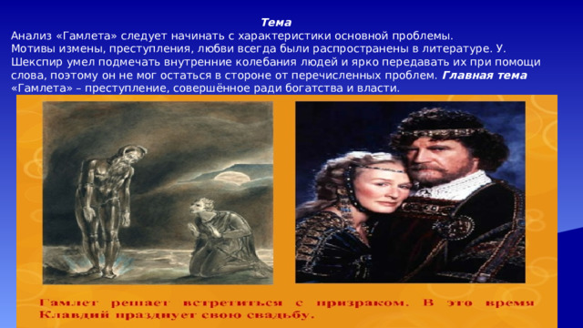   Тема Анализ «Гамлета» следует начинать с характеристики основной проблемы. Мотивы измены, преступления, любви всегда были распространены в литературе. У. Шекспир умел подмечать внутренние колебания людей и ярко передавать их при помощи слова, поэтому он не мог остаться в стороне от перечисленных проблем. Главная тема «Гамлета» – преступление, совершённое ради богатства и власти. 