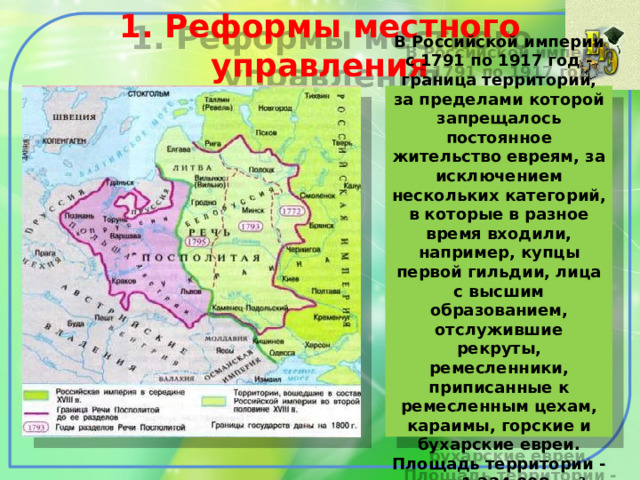 1. Реформы местного управления В Российской империи с 1791 по 1917 год - граница территории, за пределами которой запрещалось постоянное жительство евреям, за исключением нескольких категорий, в которые в разное время входили, например, купцы первой гильдии, лица с высшим образованием, отслужившие рекруты, ремесленники, приписанные к ремесленным цехам, караимы, горские и бухарские евреи. Площадь территории - около 1 224 008 км². 