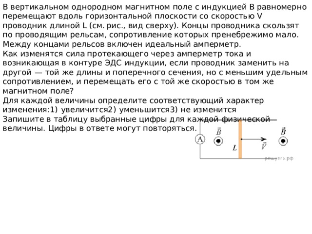 В вертикальном однородном магнитном поле с индукцией B равномерно перемещают вдоль горизонтальной плоскости со скоростью V проводник длиной L (см. рис., вид сверху). Концы проводника скользят по проводящим рельсам, сопротивление которых пренебрежимо мало. Между концами рельсов включен идеальный амперметр. Как изменятся сила протекающего через амперметр тока и возникающая в контуре ЭДС индукции, если проводник заменить на другой  — той же длины и поперечного сечения, но с меньшим удельным сопротивлением, и перемещать его с той же скоростью в том же магнитном поле? Для каждой величины определите соответствующий характер изменения:1)  увеличится2)  уменьшится3)  не изменится Запишите в таблицу выбранные цифры для каждой физической величины. Цифры в ответе могут повторяться. 