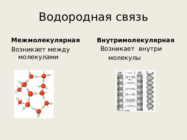 Водородная связь Межмолекулярная Внутримолекулярная  Возникает внутри  молекулы Возникает между молекулами 