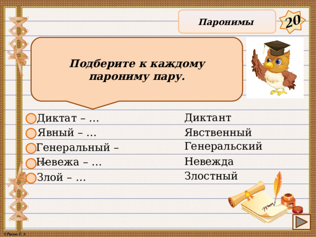 20 Паронимы Подберите к каждому парониму пару. Диктант Диктат – … Явный – … Явственный Генеральский Генеральный – … Невежда Невежа – … Злостный Злой – … 10 