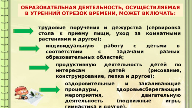 ОБРАЗОВАТЕЛЬНАЯ ДЕЯТЕЛЬНОСТЬ, ОСУЩЕСТВЛЯЕМАЯ В УТРЕННИЙ ОТРЕЗОК ВРЕМЕНИ, МОЖЕТ ВКЛЮЧАТЬ: трудовые поручения и дежурства (сервировка стола к приему пищи, уход за комнатными растениями и другое); индивидуальную работу с детьми в соответствии с задачами разных образовательных областей; продуктивную деятельность детей по интересам детей (рисование, конструирование, лепка и другое); оздоровительные и закаливающие процедуры, здоровьесберегающие мероприятия, двигательную деятельность (подвижные игры, гимнастика и другое). 
