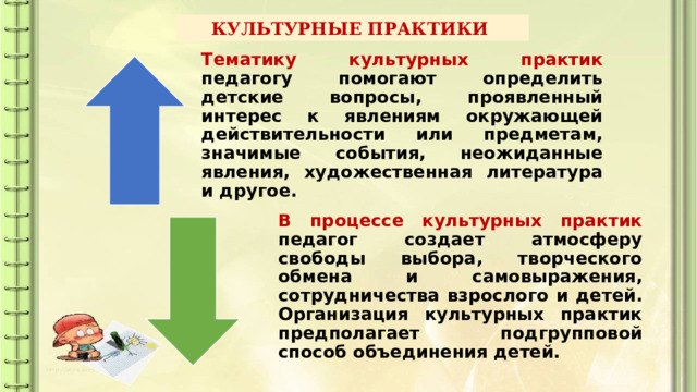КУЛЬТУРНЫЕ ПРАКТИКИ Тематику культурных практик педагогу помогают определить детские вопросы, проявленный интерес к явлениям окружающей действительности или предметам, значимые события, неожиданные явления, художественная литература и другое. В процессе культурных практик педагог создает атмосферу свободы выбора, творческого обмена и самовыражения, сотрудничества взрослого и детей. Организация культурных практик предполагает подгрупповой способ объединения детей. 