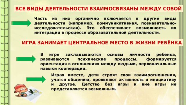 ВСЕ ВИДЫ ДЕЯТЕЛЬНОСТИ ВЗАИМОСВЯЗАНЫ МЕЖДУ СОБОЙ Часть из них органично включается в другие виды деятельности (например, коммуникативная, познавательно-исследовательская). Это обеспечивает возможность их интеграции в процессе образовательной деятельности. ИГРА ЗАНИМАЕТ ЦЕНТРАЛЬНОЕ МЕСТО В ЖИЗНИ РЕБЁНКА В игре закладываются основы личности ребёнка, развиваются психические процессы, формируется ориентация в отношениях между людьми, первоначальные навыки кооперации. Играя вместе, дети строят свои взаимоотношения, учатся общению, проявляют активность и инициативу и другое. Детство без игры и вне игры не представляется возможным. 