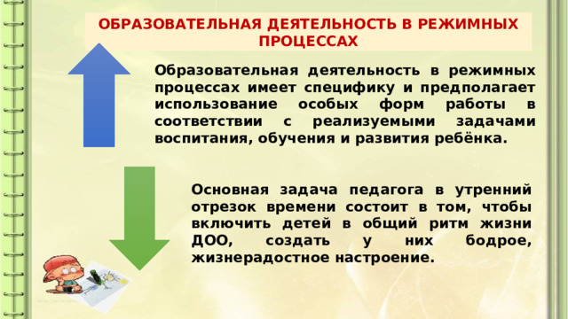 ОБРАЗОВАТЕЛЬНАЯ ДЕЯТЕЛЬНОСТЬ В РЕЖИМНЫХ ПРОЦЕССАХ Образовательная деятельность в режимных процессах имеет специфику и предполагает использование особых форм работы в соответствии с реализуемыми задачами воспитания, обучения и развития ребёнка. Основная задача педагога в утренний отрезок времени состоит в том, чтобы включить детей в общий ритм жизни ДОО, создать у них бодрое, жизнерадостное настроение. 