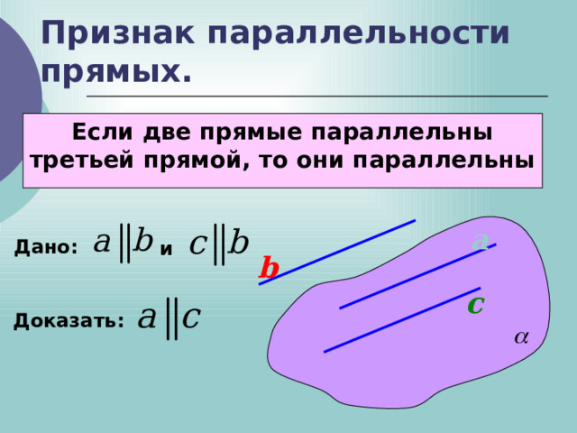 Признак параллельности прямых. Если две прямые параллельны третьей прямой, то они параллельны a Дано: и b с Доказать: 