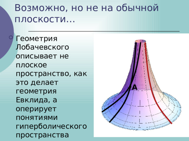 Возможно, но не на обычной плоскости… Геометрия Лобачевского описывает не плоское пространство, как это делает геометрия Евклида, а оперирует понятиями гиперболического пространства А 