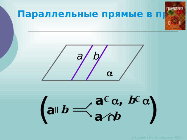   Параллельные прямые в пространстве a b  ) ( a  ,  b a b a ∩ b © Кузьмина Е.А., Колобовская МСОШ, 2010 