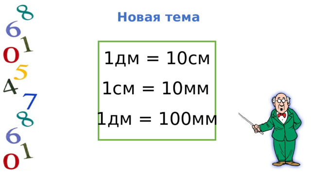  Новая тема 1дм = 10см 1см = 10мм 1дм = 100мм 