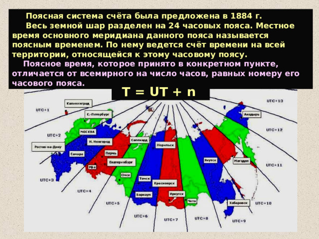  Поясная система счёта была предложена в 1884 г.  Весь земной шар разделен на 24 часовых пояса. Местное время основного меридиана данного пояса называется поясным временем. По нему ведется счёт времени на всей территории, относящейся к этому часовому поясу.  Поясное время, которое принято в конкретном пункте, отличается от всемирного на число часов, равных номеру его часового пояса. T = UT + n  