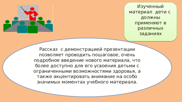 Изученный материал дети с должны применяют в различных заданиях Рассказ с демонстрацией презентации позволяет проводить пошаговое, очень подробное введение нового материала, что более доступно для его усвоения детьми с ограниченными возможностями здоровья, а также акцентировать внимание на особо значимых моментах учебного материала. 