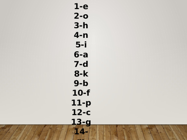 1-e 2-o 3-h 4-n 5-i 6-a 7-d 8-k 9-b 10-f 11-p 12-c 13-g 14-m 