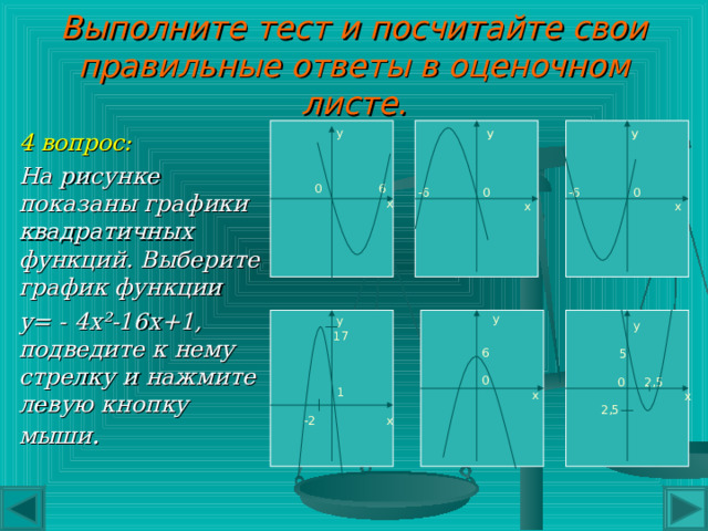 Выполните тест и посчитайте свои правильные ответы в оценочном листе. 3 вопрос: Укажите координаты вершины параболы а) А(3;6) б) А(-1;-17) в) А(1;-3) г) А(1;-1) 