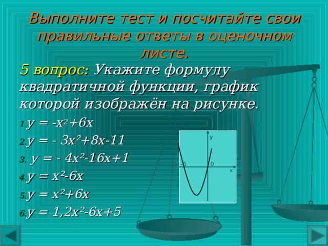 Выполните тест и посчитайте свои правильные ответы в оценочном листе.  У  -6 0  х  У  -6 0  х  у  0 6  х 4 вопрос: На рисунке показаны графики квадратичных функций. Выберите график функции у= - 4х ² -16х+1, подведите к нему стрелку и нажмите левую кнопку мыши .  у 5  0 2,5  х  2,5  у  6  0  х  у   17  1  -2 х 