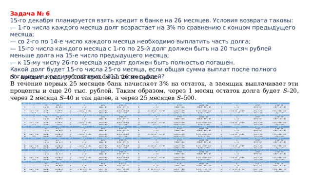 Задача № 6 15-го декабря планируется взять кредит в банке на 26 месяцев. Условия возврата таковы: — 1-го числа каждого месяца долг возрастает на 3% по сравнению с концом предыдущего месяца; — со 2-го по 14-е число каждого месяца необходимо выплатить часть долга; — 15-го числа каждого месяца с 1-го по 25-й долг должен быть на 20 тысяч рублей меньше долга на 15-е число предыдущего месяца; — к 15-му числу 26-го месяца кредит должен быть полностью погашен. Какой долг будет 15-го числа 25-го месяца, если общая сумма выплат после полного погашения кредита составит 1407 тысяч рублей? S – кредит в тыс. рублей сроком на 26 месяцев. В течение первых 25 месяцев банк начисляет 3% на остаток, а заемщик выплачивает эти проценты и еще 20 тыс. рублей. Таким образом, через 1 месяц остаток долга будет S –20, через 2 месяца S –40 и так далее, а через 25 месяцев S –500.  480 