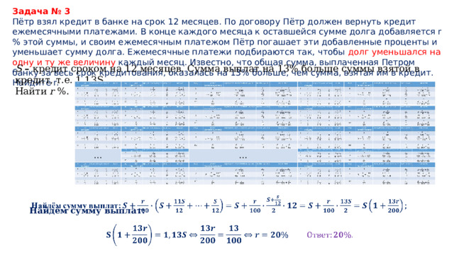 Задача № 3 Пётр взял кредит в банке на срок 12 месяцев. По договору Пётр должен вернуть кредит ежемесячными платежами. В конце каждого месяца к оставшейся сумме долга добавляется r% этой суммы, и своим ежемесячным платежом Пётр погашает эти добавленные проценты и уменьшает сумму долга. Ежемесячные платежи подбираются так, чтобы долг уменьшался на одну и ту же величину каждый месяц. Известно, что общая сумма, выплаченная Петром банку за весь срок кредитования, оказалась на 13% больше, чем сумма, взятая им в кредит. Найдите r. S – кредит сроком на 12 месяцев. Сумма выплат на 13% больше суммы взятой в кредит, т.е. 1,13S. Найти r %.   (остаток долга) … … … …   Найдём сумму выплат:  