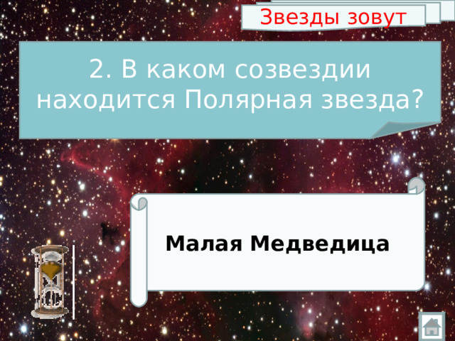 Звезды зовут 2. В каком созвездии находится Полярная звезда? Малая Медведица 