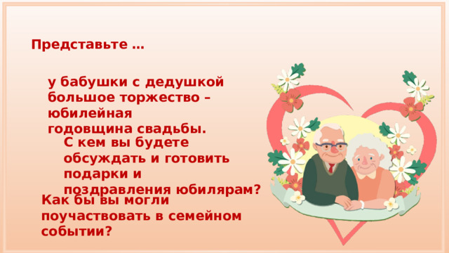 Представьте … у бабушки с дедушкой большое торжество – юбилейная годовщина свадьбы. С кем вы будете обсуждать и готовить подарки и поздравления юбилярам? Как бы вы могли поучаствовать в семейном событии? 