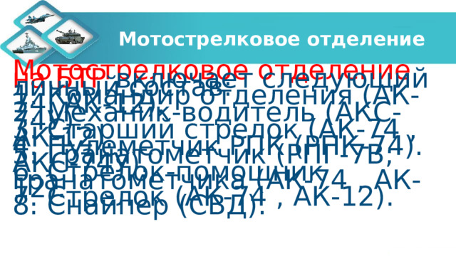 Мотострелковое отделение Мотострелковое отделение на БТР включает следующий личный состав: 1. Командир отделения (АК-74, АК-12). 2. Механик-водитель (АКС-74У). 3. Старший стрелок (АК-74 , АК-12). 4. Пулеметчик РПК (РПК-74). 5. Гранатометчик (РПГ-7В; АКС-74У). 6. Стрелок-помощник гранатометчика (АК-74 , АК-12). 7. Стрелок (АК-74 , АК-12). 8. Снайпер (СВД). 