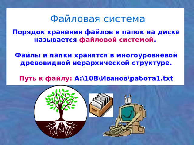 Файловая система Порядок хранения файлов и папок на диске называется файловой системой .  Файлы и папки хранятся в многоуровневой древовидной иерархической структуре.  Путь к файлу: A:\10B\Иванов\работа1.txt 