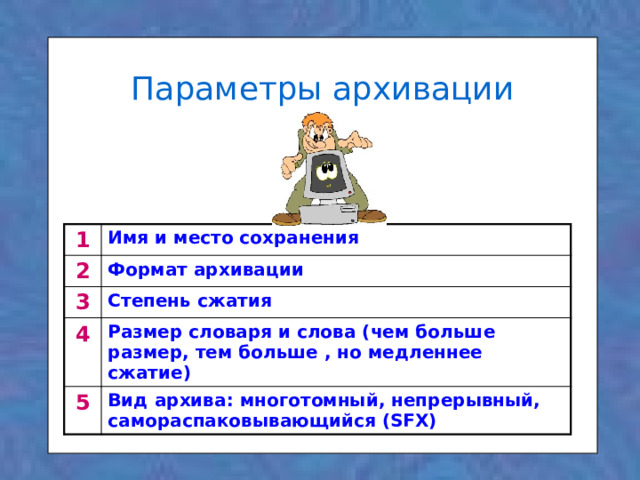 Параметры архивации 1 2 Имя и место сохранения 3 Формат архивации Степень сжатия 4 5 Размер словаря и слова (чем больше размер, тем больше , но медленнее сжатие) Вид архива: многотомный, непрерывный, самораспаковывающийся (SFX) 