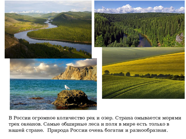 В России огромное количество рек и озер. Страна омывается морями трех океанов. Самые обширные леса и поля в мире есть только в нашей стране. Природа России очень богатая и разнообразная. 