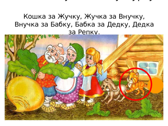 Позвала Жучка кошку Мурку.  Кошка за Жучку, Жучка за Внучку, Внучка за Бабку, Бабка за Дедку, Дедка за Репку.  Тянут-потянут, вытянуть не могут. 