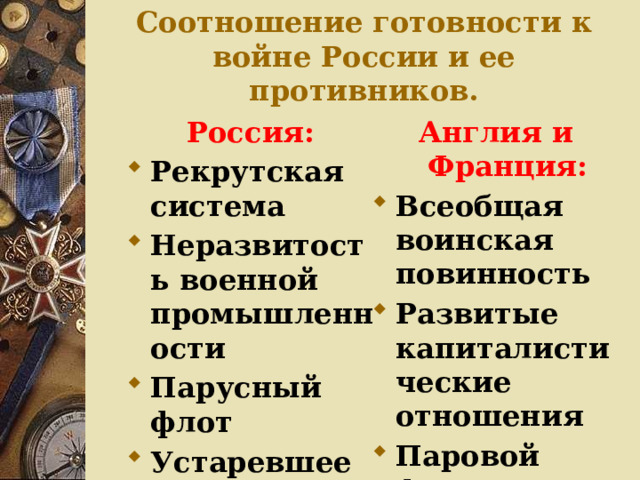 Соотношение готовности к войне России и ее противников. Россия: Англия и Франция: Рекрутская система Неразвитость военной промышленности Парусный флот Устаревшее гладкоствольное оружие Всеобщая воинская повинность Развитые капиталистические отношения Паровой флот Новейшие образцы нарезного оружия  