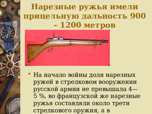Нарезные ружья имели прицельную дальность 900 – 1200 метров На начало войны доля нарезных ружей в стрелковом вооружении русской армии не превышала 4—5 %, во французской же нарезные ружья составляли около трети стрелкового оружия, а в английской — более половины 