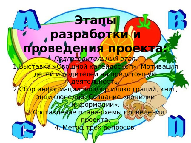 Этапы  разработки и проведения проекта:  Подготовительный этап:  1.Выставка «Овощной калейдоскоп». Мотивация детей и родителей на предстоящую деятельность.  2.Сбор информации: подбор иллюстраций, книг, энциклопедий. Создание «копилки информации».  3.Составление плана-схемы проведения проекта.  4. Метод трех вопросов. 